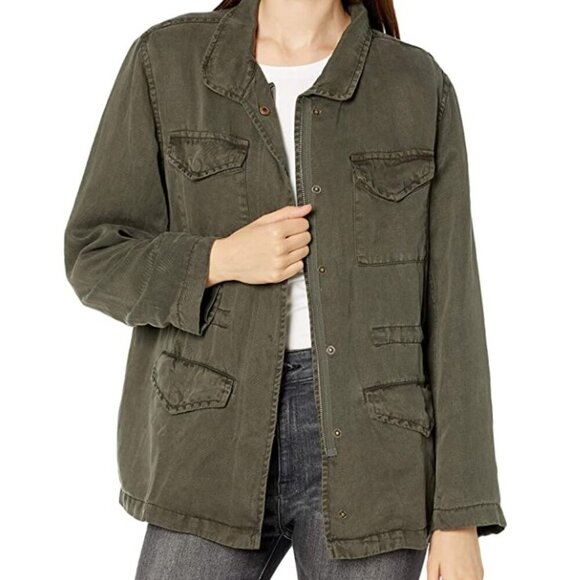 Monrow Green Military Utility Jacket Linen Blend Snap Button Medium Lightweight - Picture 6 of 6